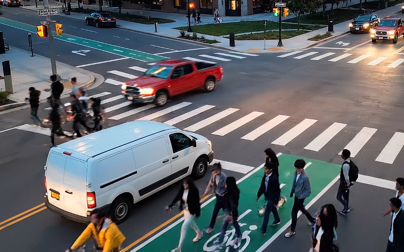 Intersection with pedestrians, a cyclist and a turning vehicle