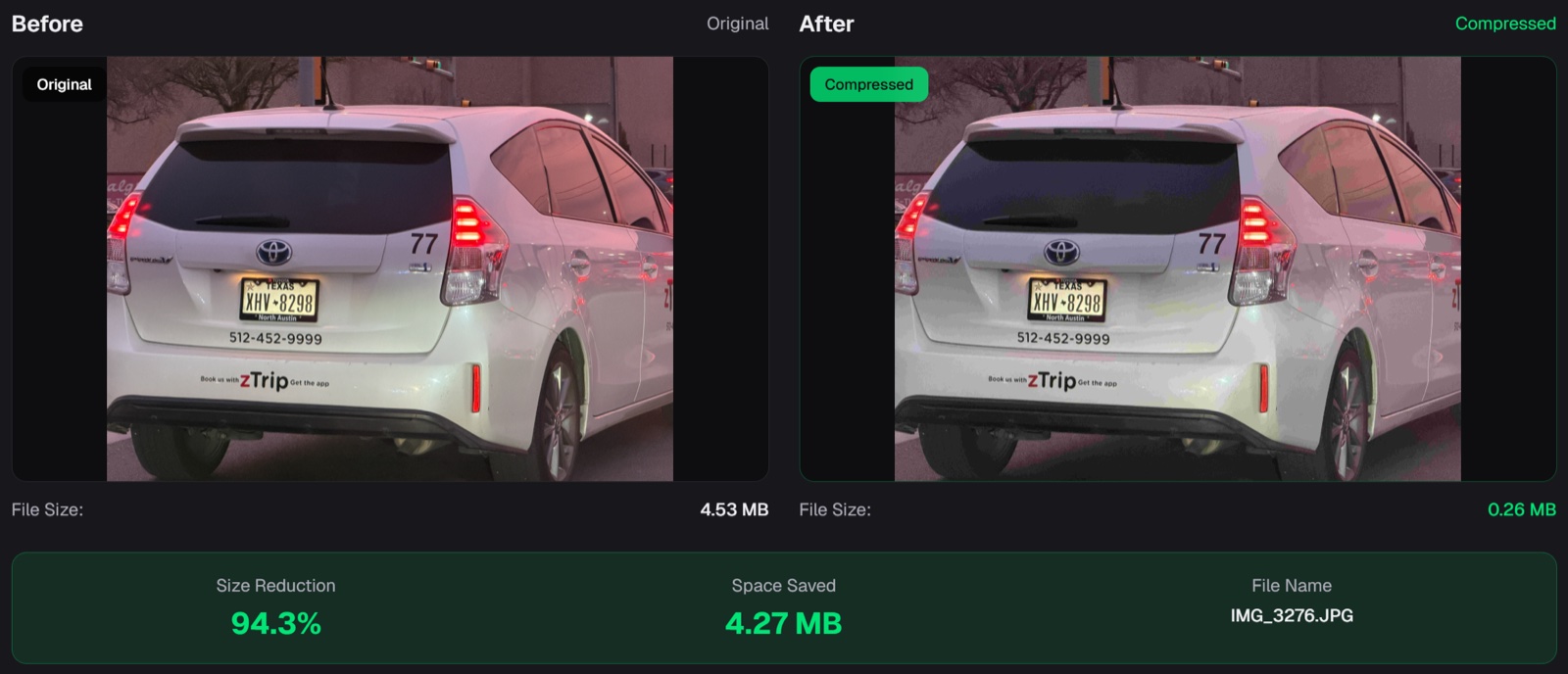 Toyota Prius compressed from 4.53 MB to 0.26 MB — 94.3% reduction