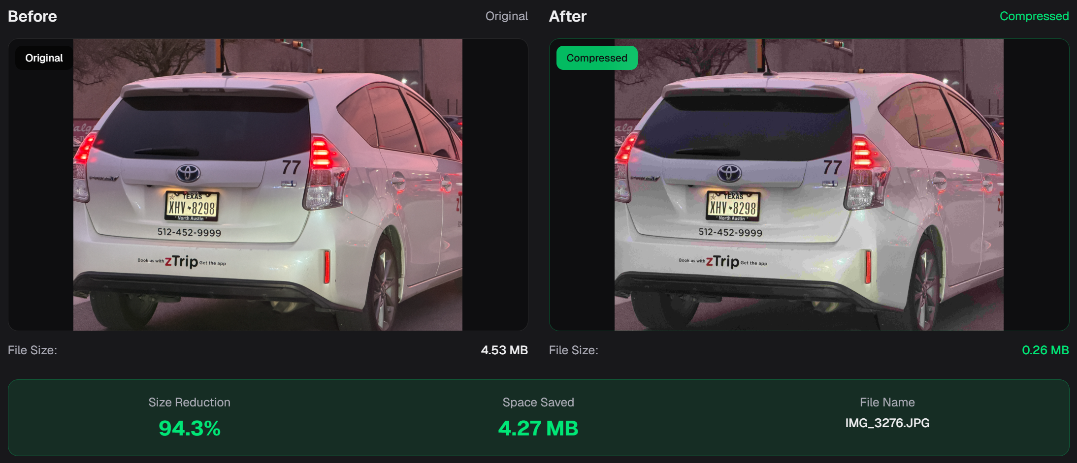 Toyota Prius compressed from 4.53 MB to 0.26 MB — 94.3% reduction