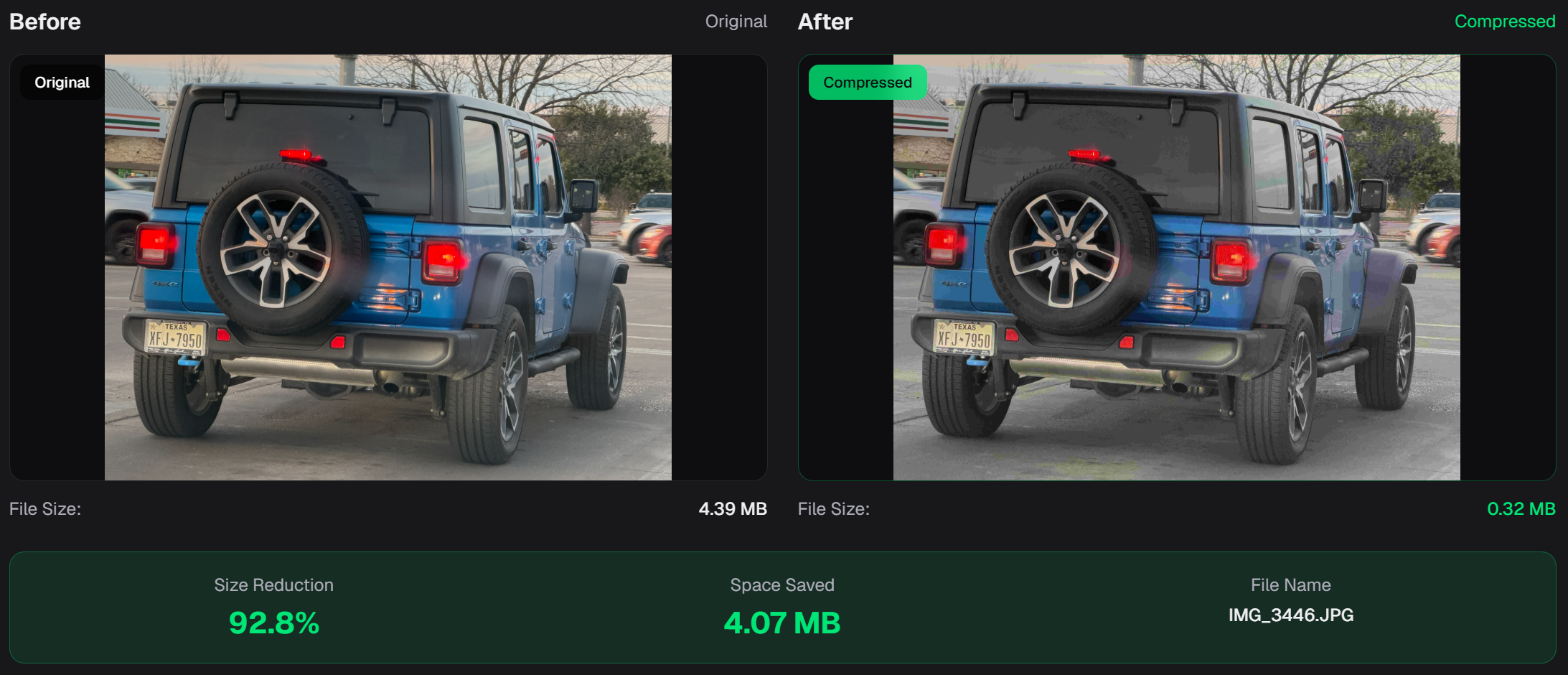 Jeep Wrangler compressed from 4.39 MB to 0.32 MB — 92.8% reduction