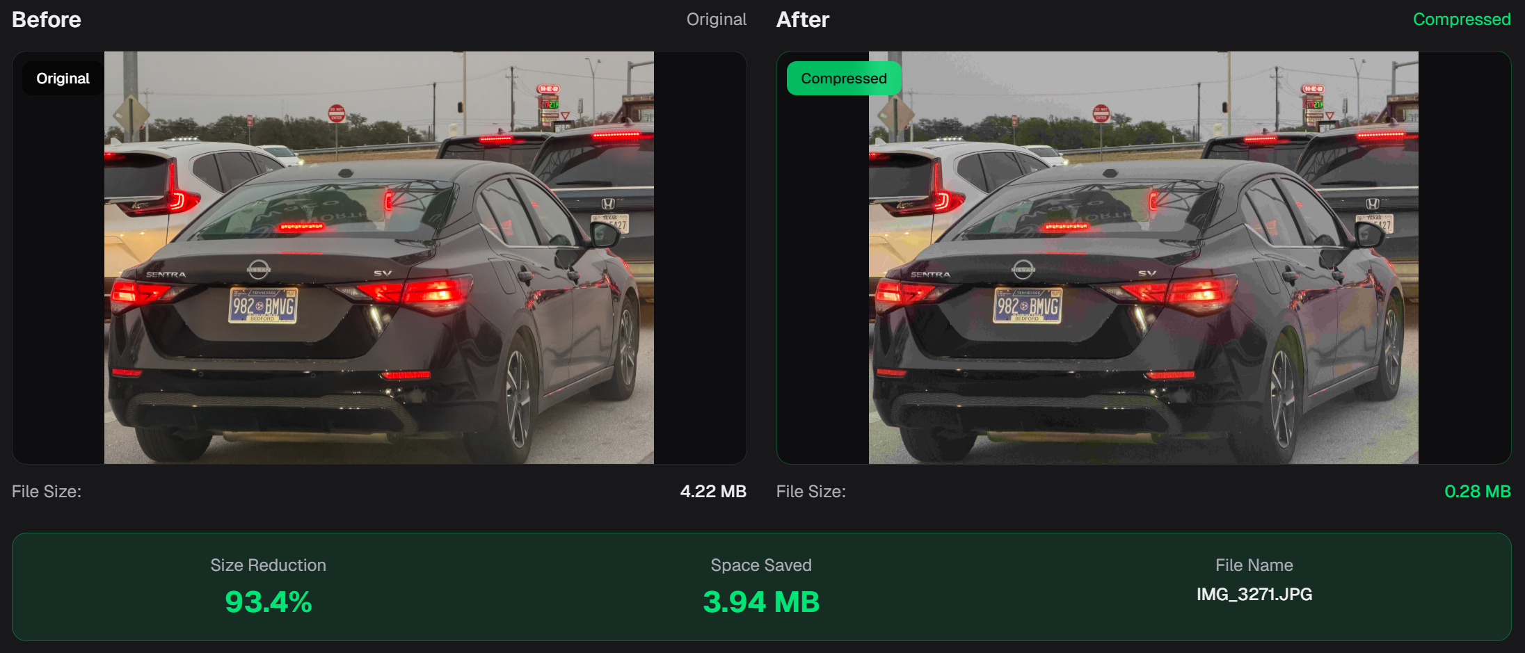 Nissan Sentra compressed from 4.22 MB to 0.28 MB — 93.4% reduction