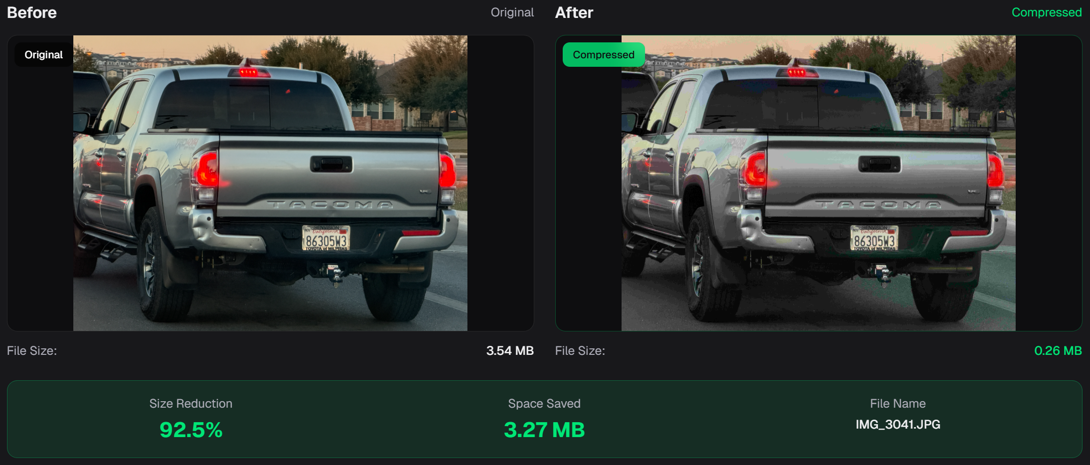 Toyota Tacoma compressed from 3.54 MB to 0.26 MB — 92.5% reduction
