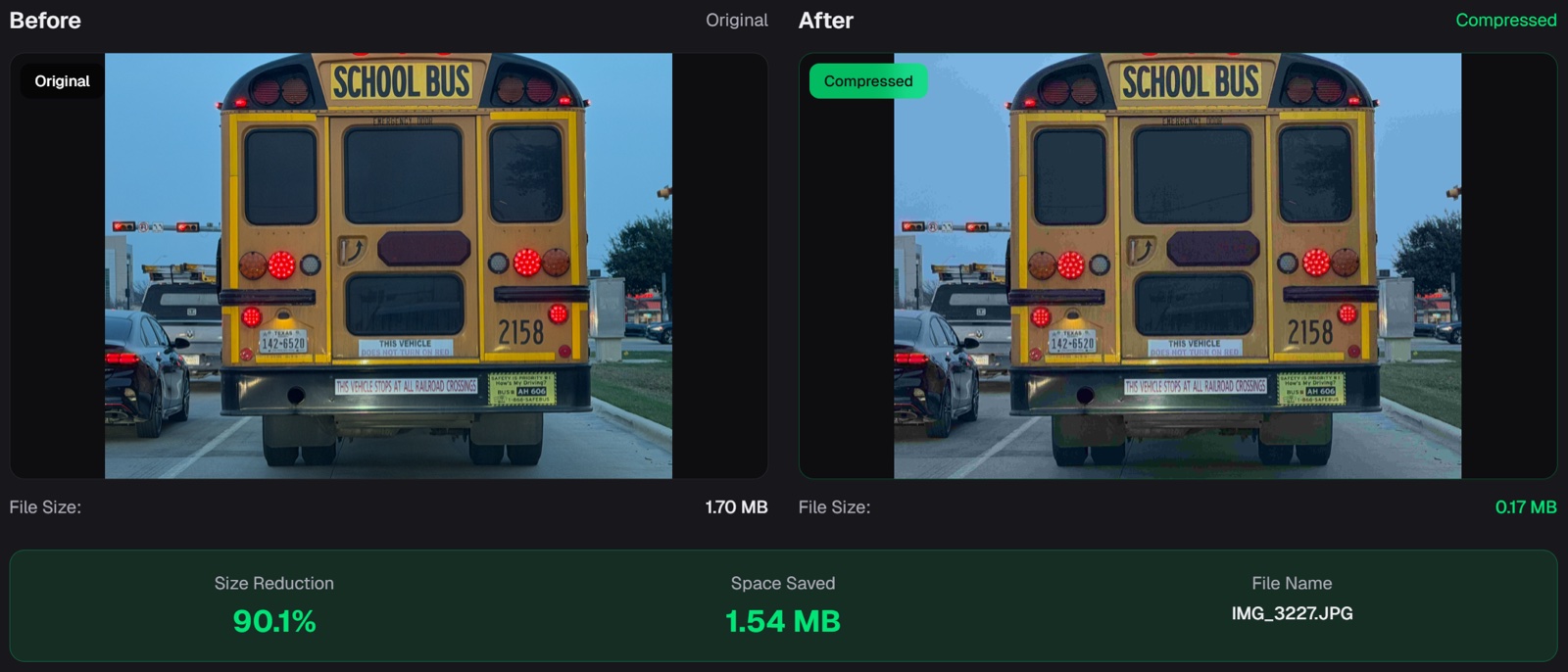 School Bus compressed from 1.70 MB to 0.17 MB — 90.1% reduction