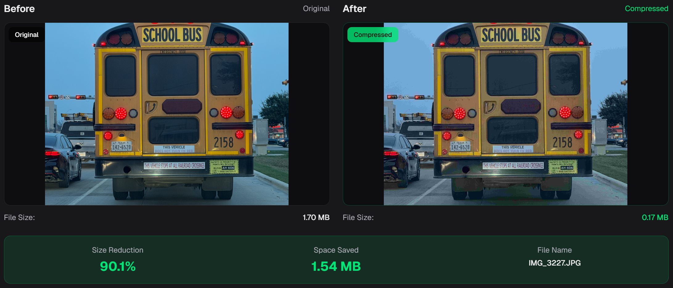 School Bus compressed from 1.70 MB to 0.17 MB — 90.1% reduction