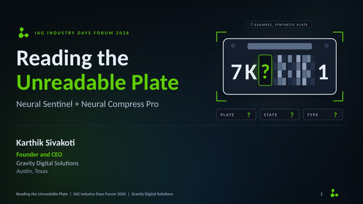 Title slide of the session Reading the Unreadable Plate, with a synthetic example plate whose middle character is unknown