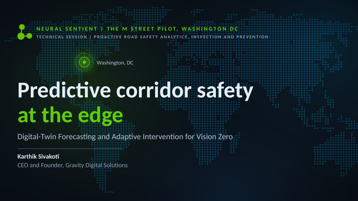 Title slide of the talk Predictive Corridor Safety at the Edge, with Washington, DC marked on a world map