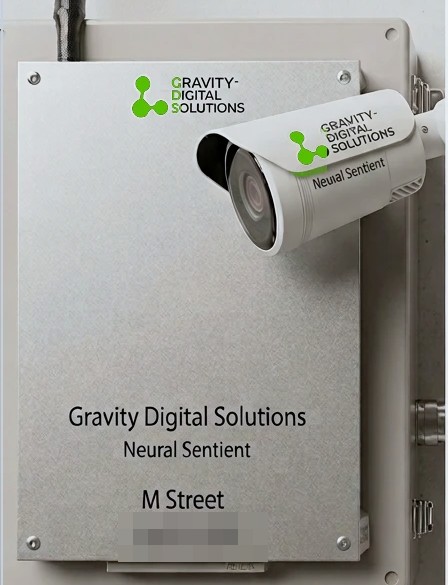 The GDS edge unit: a camera on a pole-mounted enclosure labelled Gravity Digital Solutions, Neural Sentient