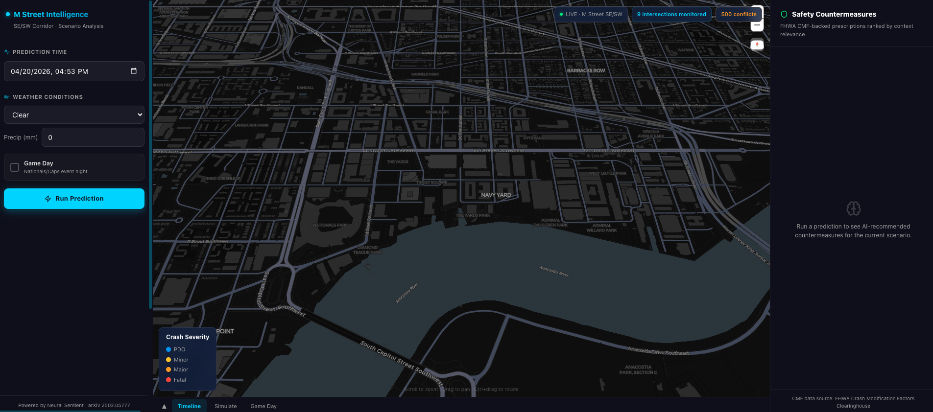Neural Sentient corridor map with date, time, and weather controls for condition-aware risk prediction
