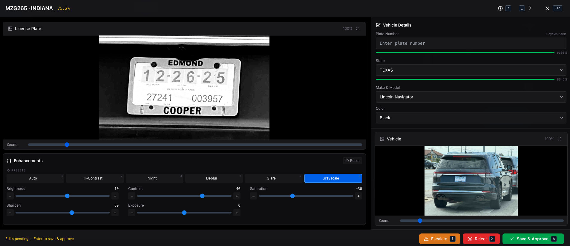 Neural Sentinel review modal with license plate, enhancement presets and sliders, and vehicle details form.